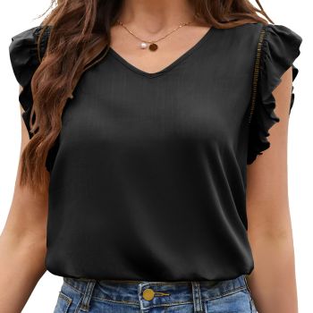 Women Tops Dressy Casual Blouses Ruffle Trim Cap Sleeve Shirts Summer Workout Tunic Top Black Medium