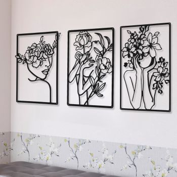 3 Pieces Metal Minimalist Abstract Woman Wall Art Line Drawing Wall Art Decor Single Line Female Home Hanging Wall Art Decor for Kitchen Bathroom Living Room (Black,Classic Style)