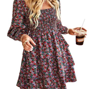 Women's Long Sleeve Dresses Summer Spring Square Neck Smocked Floral Wedding Party Ruffle Casual Vacation Dress(Floral Red Pink