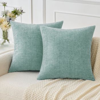 Pack of 2 Couch Throw Pillow Covers 18x18 Inch Soft Aqua Green Chenille Pillow Covers for Sofa Living Room Solid Dyed Pillow Cases