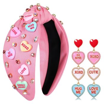 Valentine’s Day Headband for Women Love XOXO Heart Headbands Jeweled Conversation Heart Knotted Headband Pink Red Rhinestone Crystal Top Knot Headband Valentine’s Day Accessories Gifts (Pink Set 1)
