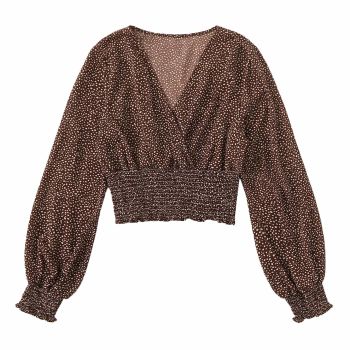 Women's V Neck Shirred Polka Dots Long Sleeve Frill Crop Blouse Shirt Tops Coffee Brown Medium