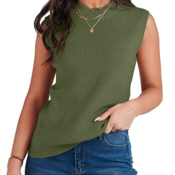 Women's Mock Neck Knit Sweater Vest Sleeveless Casual Trendy Summer Ribbed Pullover Tank Tops Turtleneck Lightweight 2024 Spring Fashion Clothes 1181songlv-M Olive