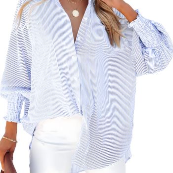 Womens Tops Fall Fashion 2024 Long Sleeve Shirts V Neck Button Down Striped Shirt Blouses Babydoll Clothing for Women Tops Dressy Casual Sky Blue L