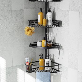 Corner Shower Caddy Tension Pole: Quick Installation 4-Tier Rustproof Bathroom Organizer Shelves for Bathtub Shampoo Storage