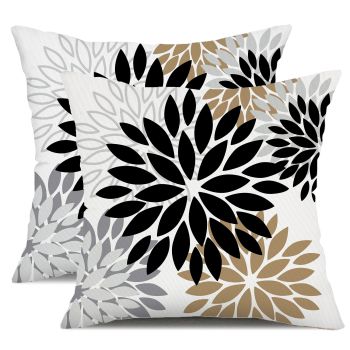 Black Brown Outdoor Pillow Covers 18x18 Inch Set of 2 White Gray Flower Throw Pillows Farmhouse Outdoor Modern Floral Polyester Square Cushion Case Decor for Patio Funiture Garden 002B