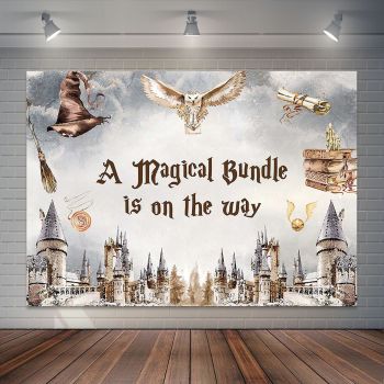 7x5ft Wizard Baby Shower Backdrop Magical School Wizard Castle Photography Background A Magical Bundle is On The Way Baby Shower Party Cake Table Decorations Banner