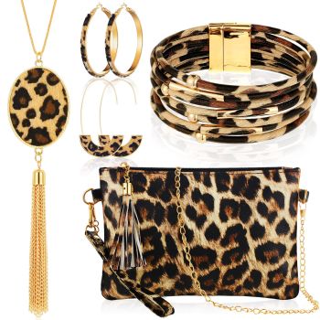 5 Pcs Women Leopard Jewelry Set Statement Leopard Clutch Purse Earring Leather Wrap Bracelets Long Tassel Pendant Necklace (Delicate)