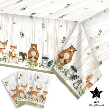 Woodland Plastic Tablecloth For Baby Shower Decorations & Birthday Girl Boy |Safari Enchanted Forest Animals Decor |Neutral Gender Table Decoration Bear Fox Party Supplies |Jungle Theme Creatures