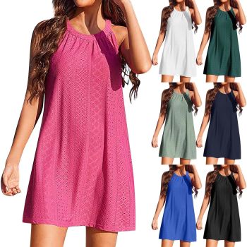 Women's Eyelet Embroidery Sleeveless Halter Neck Summer Dress Casual Flared A Line Mini Dress Trendy Vacation Sundress Flowy Beach Dress Classic Solid Color Dress(A-Hot Pink,Large)