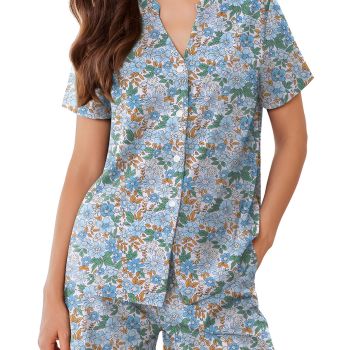 Women Button Down Pajama Set loose Short Sleeve Pjs Lounge Set Floral Printed Sleepwear,Colored Small Floral,L