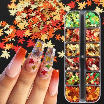 Fall Nail Art Glitter Maple Leave Nail Sequin Glitter Autumn Nail Supplies Holographic Yellow Green Red Maple Leaf Design Thanksgiving Nail Art Decoration for Women Girls Kids