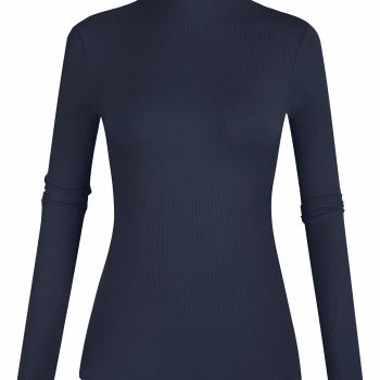 Women's Slim Fit Ribbed Knit Tee Shirt Lettuce Trim Mockneck Long Sleeve Navy Medium