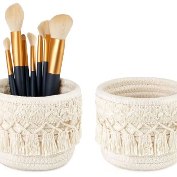 Macrame Makeup Brush Holder Organizer Comb Brushes Mini Storage Basket Set of 2 Boho Decor Baskets for Pen Pencil Box Container ,Ivory