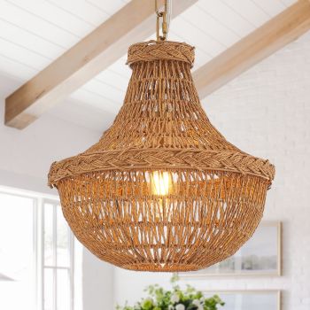 Farmhouse Hand-Woven Rattan Chandelier Vintage Boho Bamboo Chandelier Light Fixture Retro Rustic Wicker Golden Rattan Chandelier for Dining Room