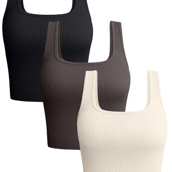 Women's 3 Piece Tank Tops Ribbed Seamless Workout Exercise Shirts Yoga Crop Tops Black Tea Leaf Beige