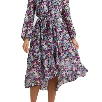 Women's Floral Print Boho Dress Long Sleeve Wrap V Neck Ruffle Belted A-Line Flowy Maxi Dresses (Floral Purple,X-Large)