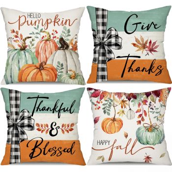 Fall Pillow Covers 18x18 inch Set of 4 Fall Decorational Pumpkin Maple Leaves Orange Stripe Decor Autumn Outdoor Pillow Cover Thanksgiving Decoration for Home Couch 205C18