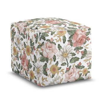 Blush Pink Yellow Vintage Floral Boho Girl Ottoman Pouf Cover Unstuffed Poof Floor Footstool Square Cube Pouffe Storage Baby Nursery Kids Room Bohemian Shabby Chic Farmhouse White