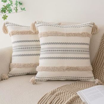 Boho Throw Pillow Covers 18x18 Set of 2 Woven Tufted Farmhouse Pillows Cover