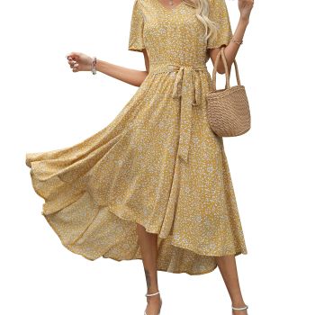 2024 Womens Casual Spring Summer Dresses Short Sleeve Boho A Line High Low Flowy Beach Modest Floral Wedding Guest Maxi Dress Mustard S