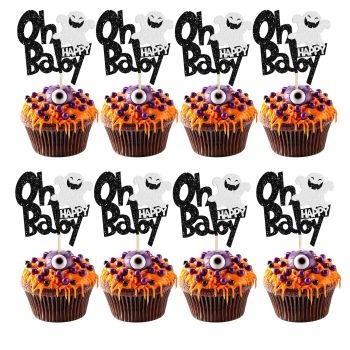 24Pcs Ghost Oh Baby Cupcake Toppers Glitter Gender Reveal Baby Shower Spooky Halloween Cupcake Picks for Halloween Theme Baby Shower Kids Birthday Party Cake Decorations Supplies Black
