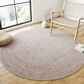 Pink Round Rug 3ft Entryway Rug Small Circle Area Rug 3x3 Kitchen Vintage Carpet Non Slip Indoor Bedroom Washable Distressed Rug Floral Door Mat Retro Accent Throw Rug Office Bathroom