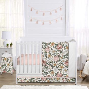 Blush Pink Yellow Vintage Floral Boho Girl Baby Crib Bedding Set Infant Nursery Room Quilt Fitted Sheet Skirt Diaper Stacker Green White Bohemian Shabby Chic Rose Flower Farmhouse