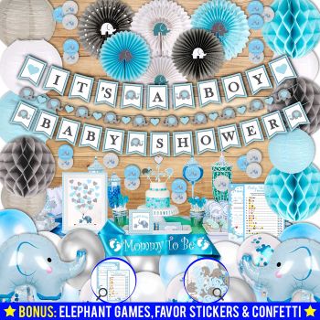 697 Piece Blue Elephant Baby Shower Decorations for Boy Kit