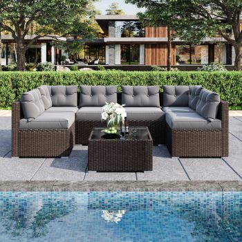 7 Pieces Patio Sofa Set Outdoor Furniture Sectional All-Weather Wicker Rattan Sofa