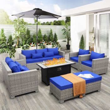 Patio Furniture Set 7 Piece Grey Wicker Outdoor Furniture Couch Sets Conversation Chairs PE Rattan Sectional Sofa