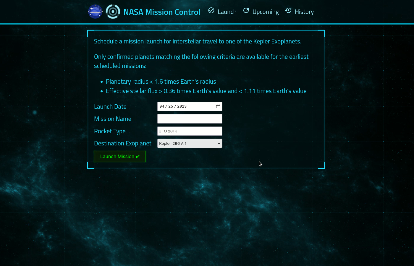 NASA space launch planner demo - home page.