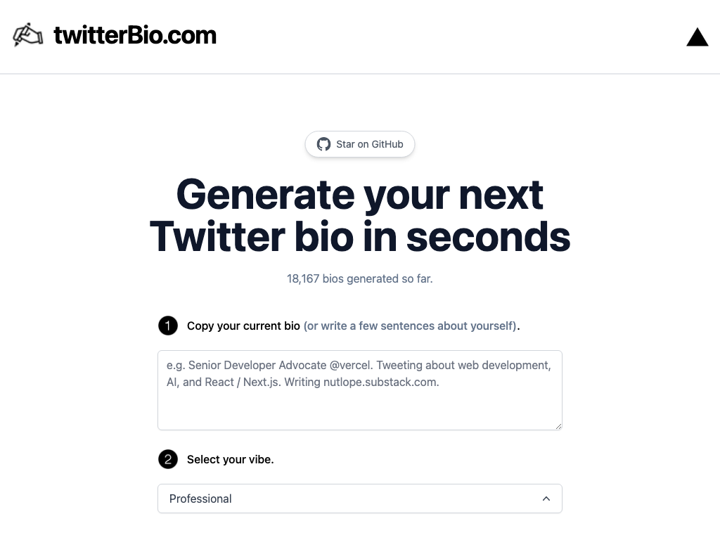 Screenshot of creating professional Twitter bios website