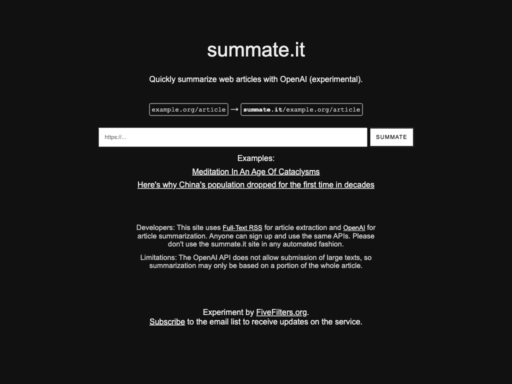 Screenshot of quickly summarizing web articles website