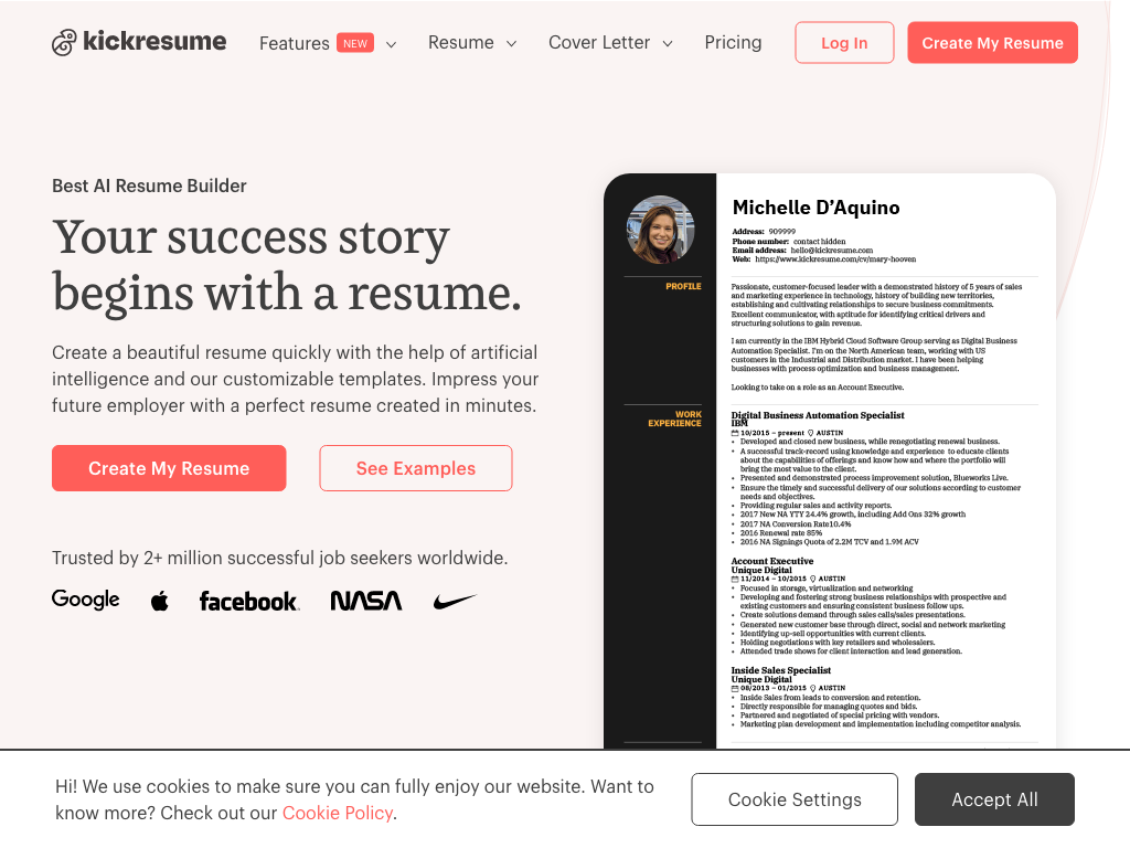 Screenshot of creating resumes, cover letters, job matching and feedback website