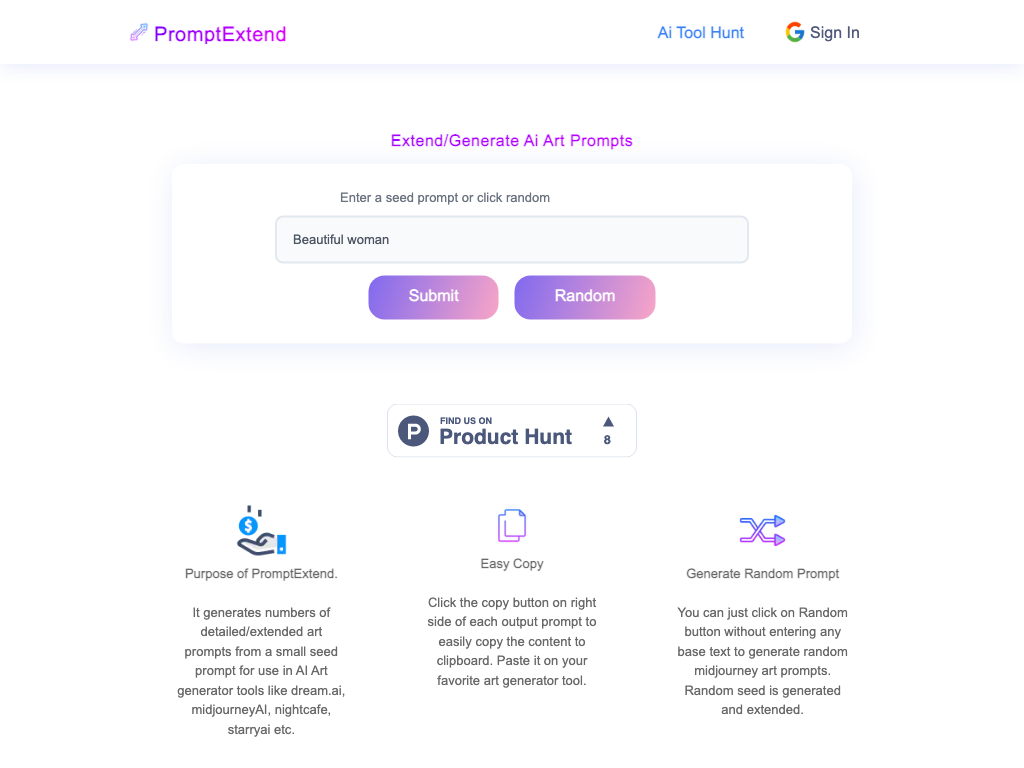 Screenshot of generating art prompts website