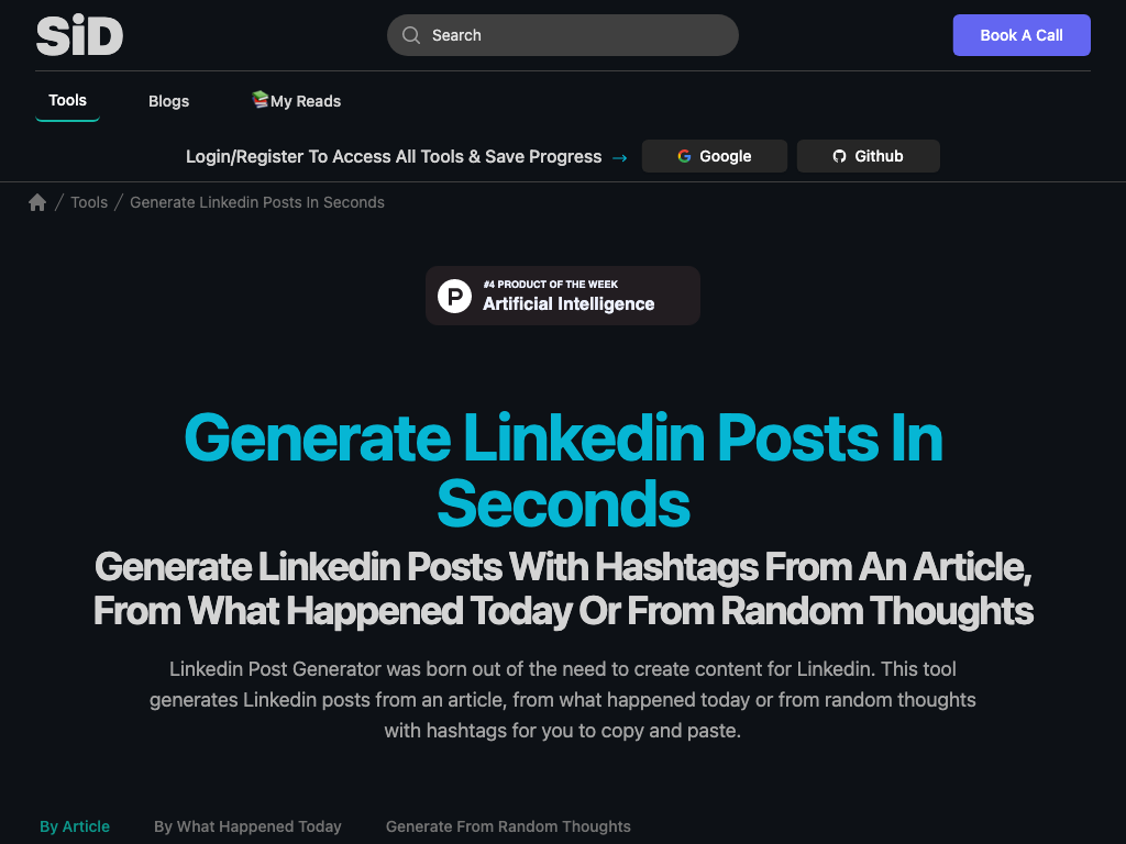 Screenshot of generating Linkedin posts, summarizing articles, converting conversations and brainstorming ideas website