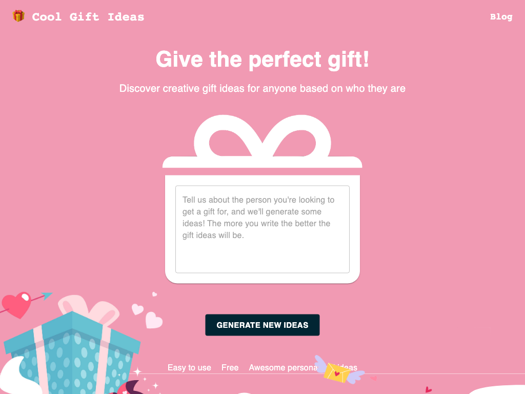 Screenshot of generating creative gift ideas website