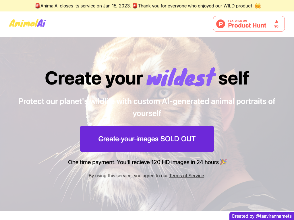 Screenshot of generating animal portraits website