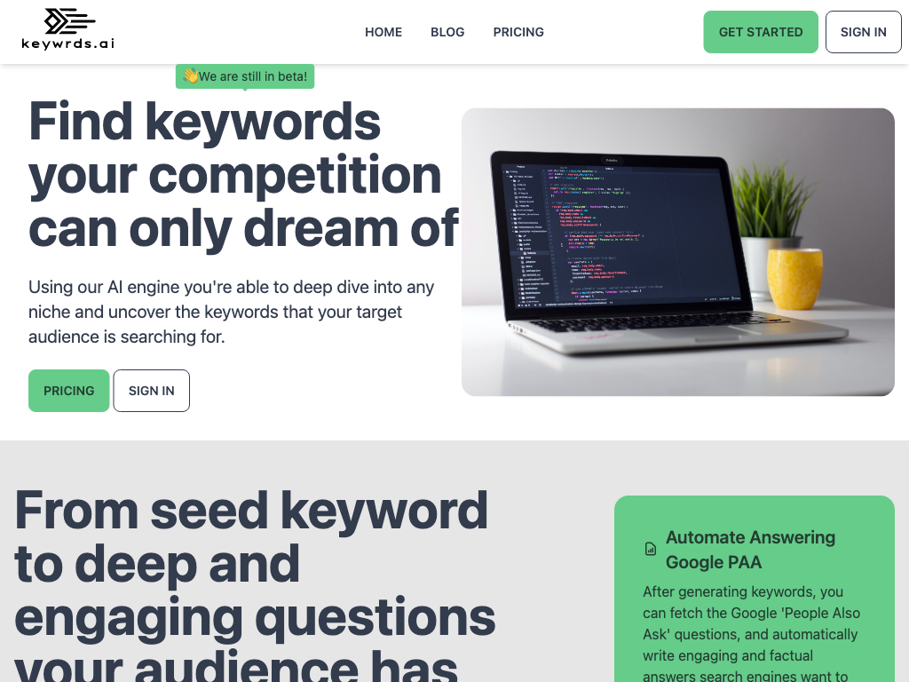Screenshot of keyword and topic generation website