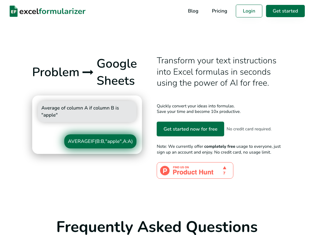 Screenshot of quickly generating Excel formulas website