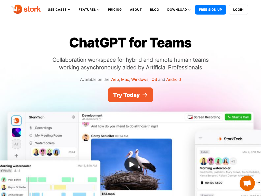 Screenshot of collaboration, recording, calls, voice notes, video notes, channels, and story creation website
