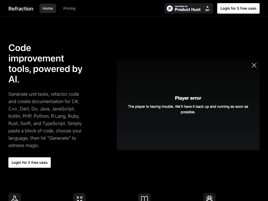 Screenshot of code improvement, bug detection, and code conversion website