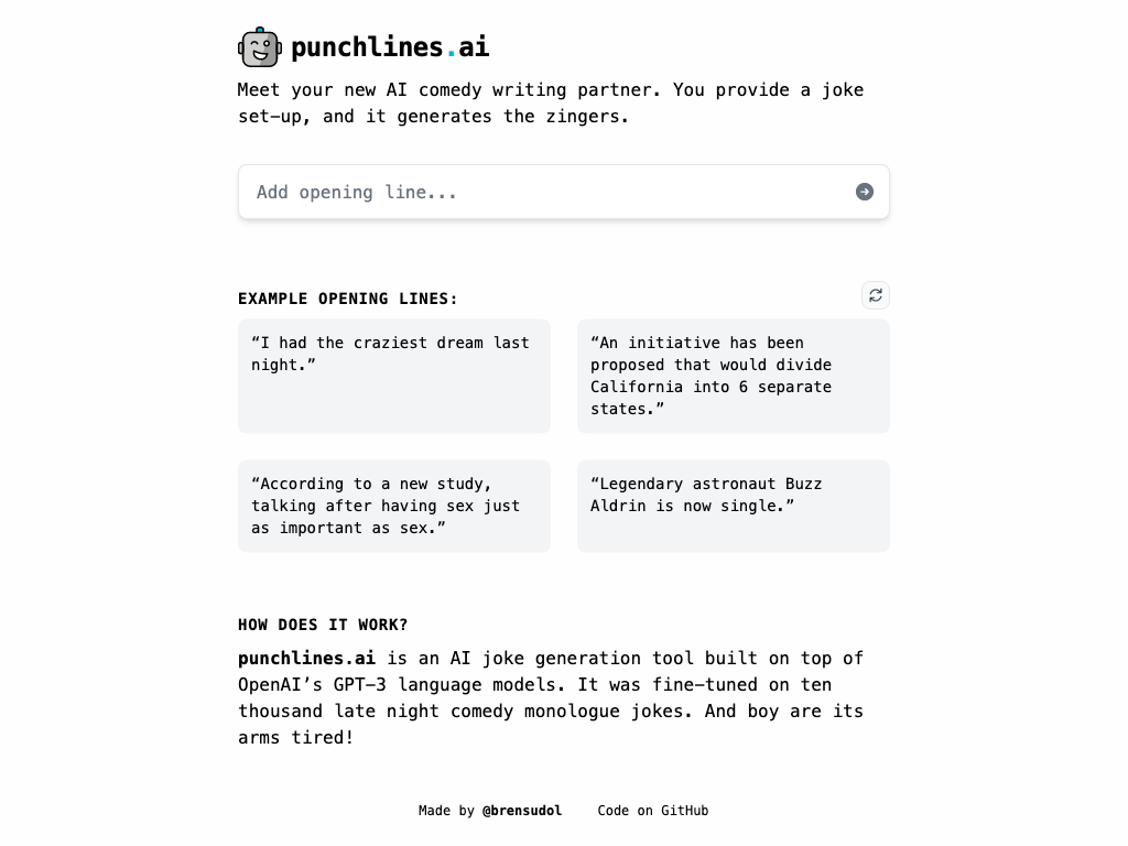 Screenshot of generating comedic jokes, witty retorts and social media content website