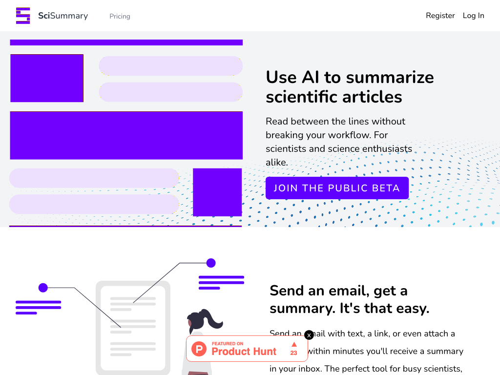 Screenshot of summarising scientific articles website