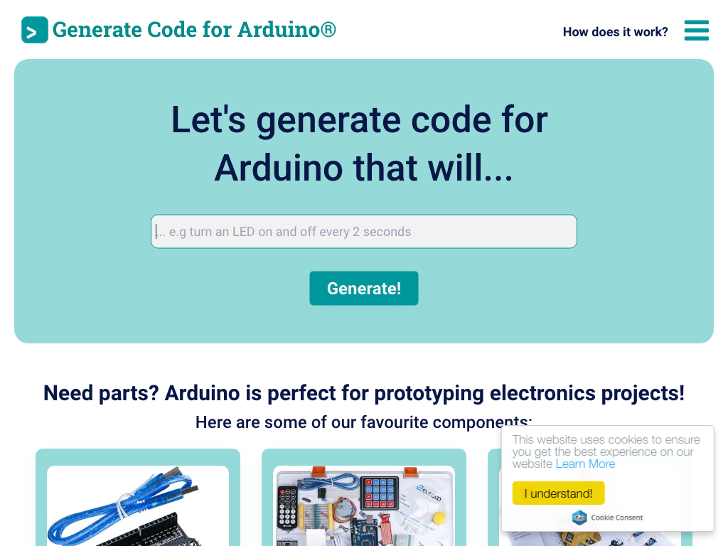 Screenshot of code generation and debugging on Arduino website