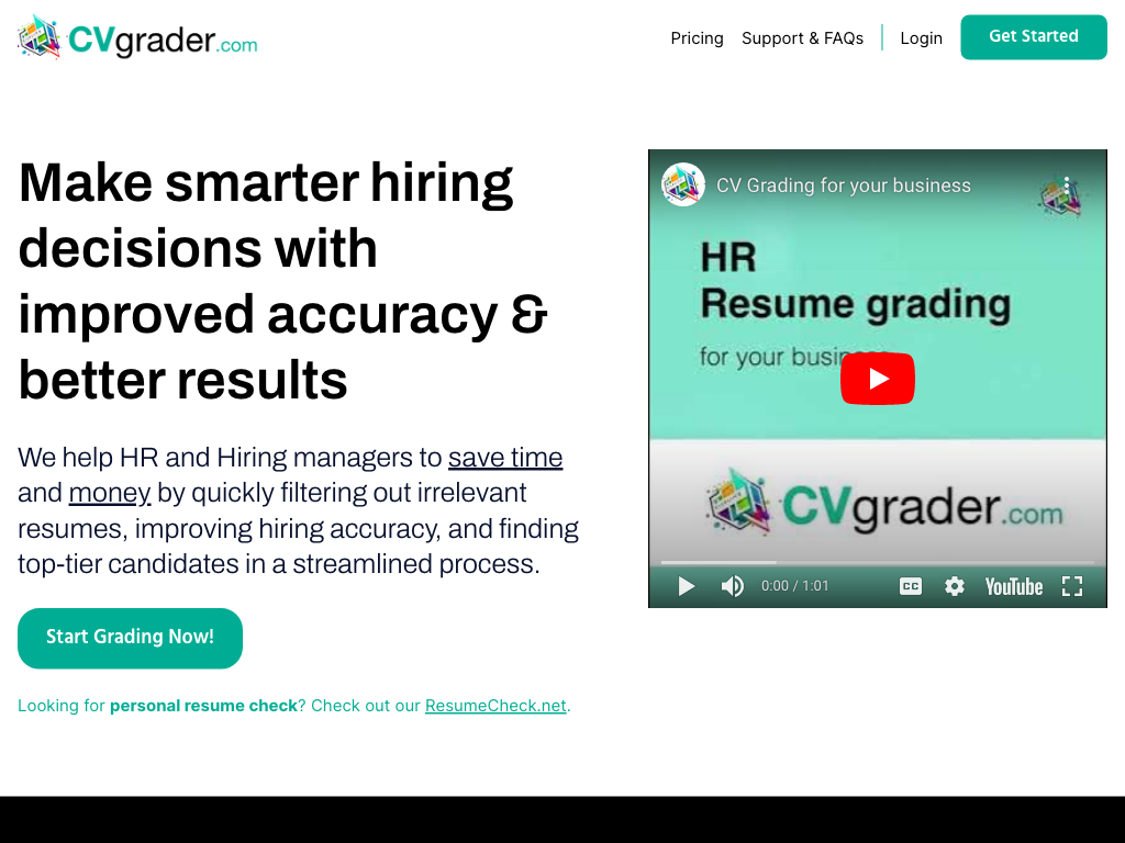 Screenshot of CV assessment and hiring decisions website