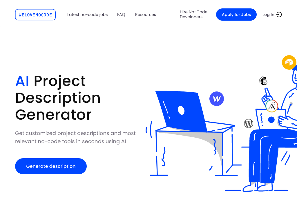 Screenshot of generating project descriptions and suggesting no-code tools website