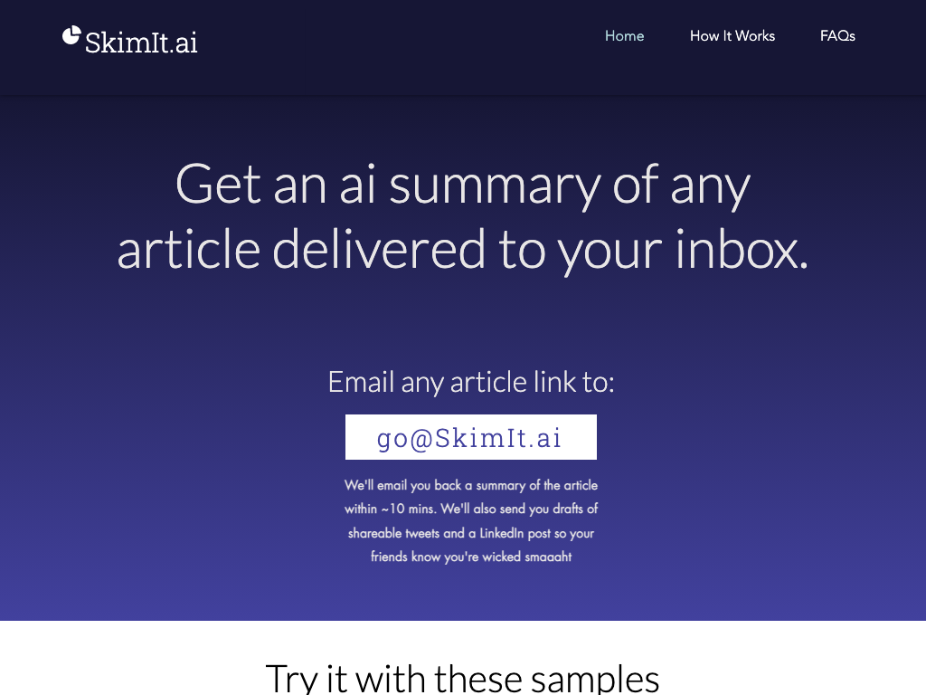 Screenshot of quickly generating article summaries and shareable posts website