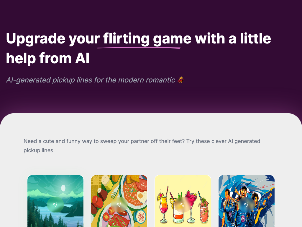 Screenshot of generating creative romantic pickup lines website